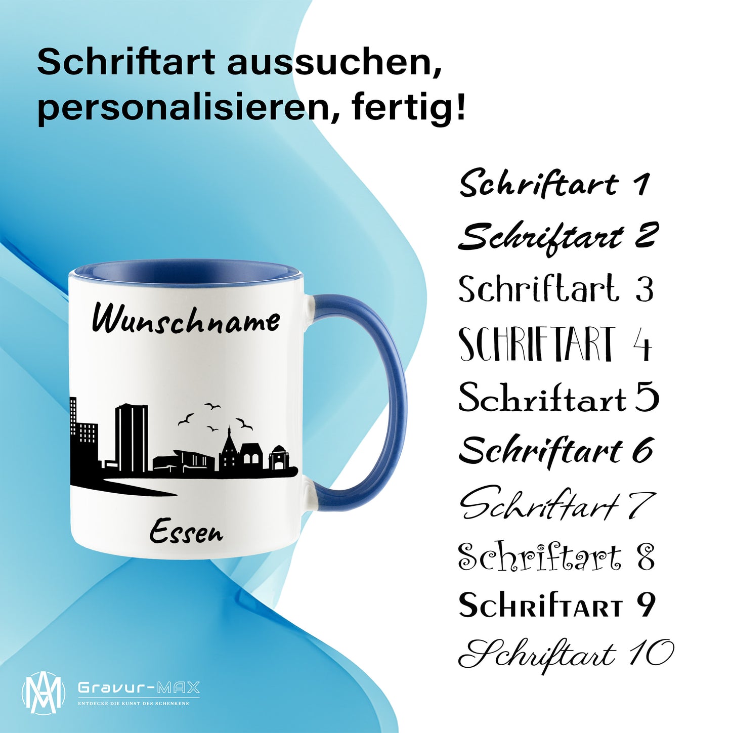 Tasse in Cambridge Blau 330ml bedruckt mit der Skyline von Essen personalisierbar mit Wunschname