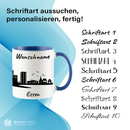 Tasse in Cambridge Blau 330ml bedruckt mit der Skyline von Essen personalisierbar mit Wunschname
