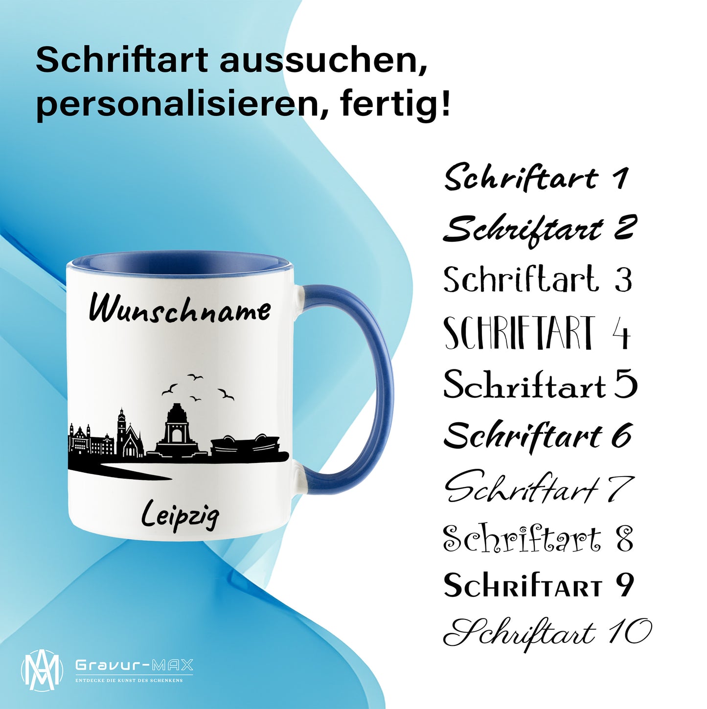 Tasse in Cambridge Blau 330ml bedruckt mit der Skyline von Leipzig personalisierbar mit Wunschname