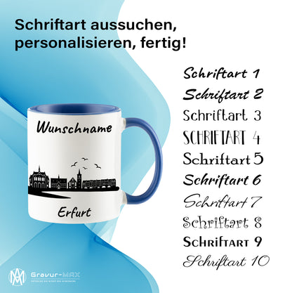Tasse in Cambridge Blau 330ml bedruckt mit der Skyline von Erfurt personalisierbar mit Wunschname