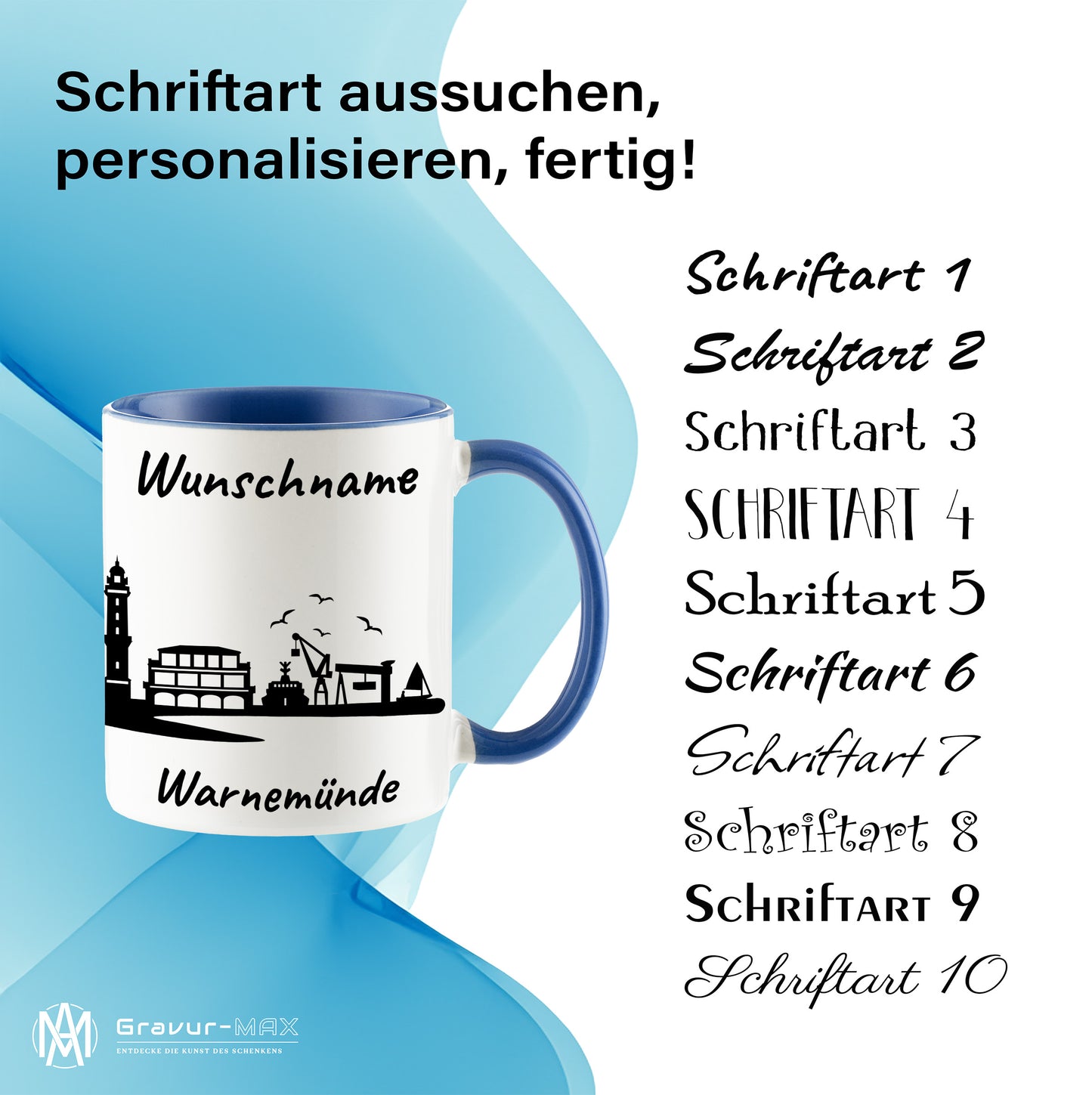 Tasse in Cambridge Blau 330ml bedruckt mit der Skyline von Warnemünde personalisierbar mit Wunschname