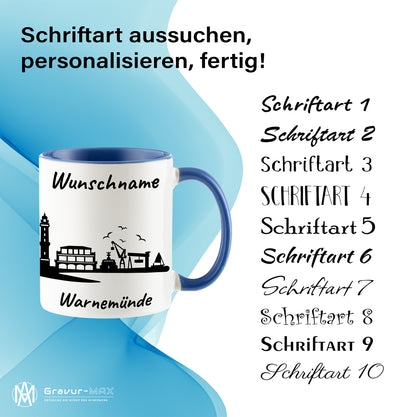 Tasse in Cambridge Blau 330ml bedruckt mit der Skyline von Warnemünde personalisierbar mit Wunschname
