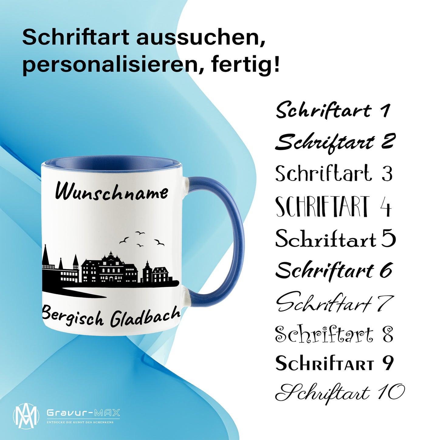 Tasse in Cambridge Blau 330ml bedruckt mit der Skyline von Bergisch Gladbach personalisierbar mit Wunschname