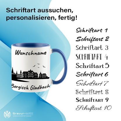 Tasse in Cambridge Blau 330ml bedruckt mit der Skyline von Bergisch Gladbach personalisierbar mit Wunschname