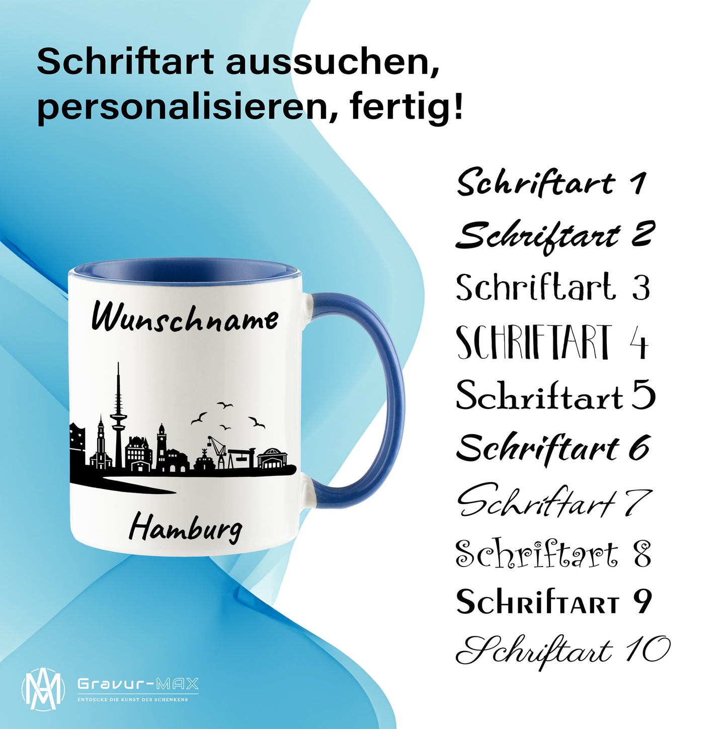 Tasse in Cambridge Blau 330ml bedruckt mit der Skyline von Hamburg personalisierbar mit Wunschname