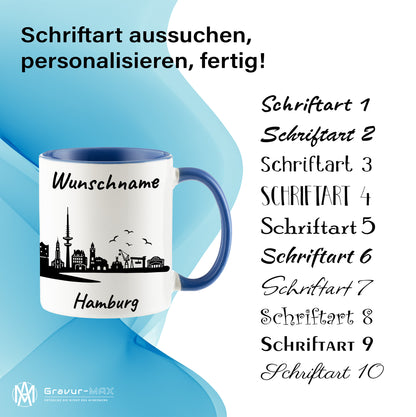 Tasse in Cambridge Blau 330ml bedruckt mit der Skyline von Hamburg personalisierbar mit Wunschname