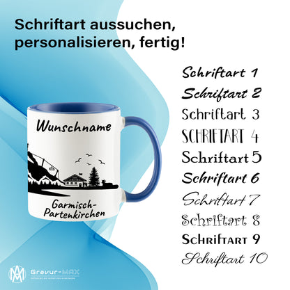 Tasse in Cambridge Blau 330ml bedruckt mit der Skyline von Garmisch-Partenkirchen personalisierbar mit Wunschname