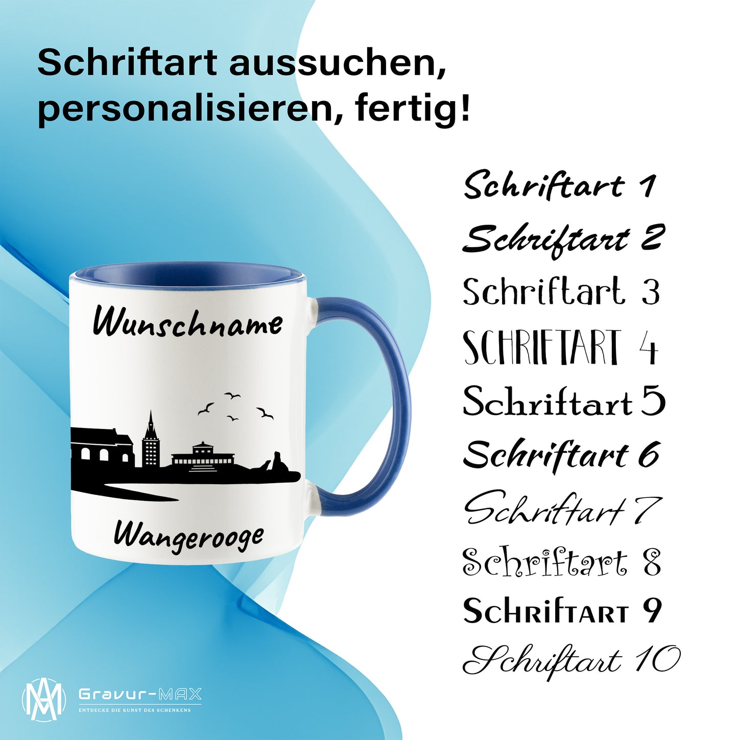 Tasse in Cambridge Blau 330ml bedruckt mit der Skyline von Wangerooge personalisierbar mit Wunschname