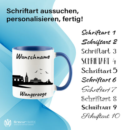 Tasse in Cambridge Blau 330ml bedruckt mit der Skyline von Wangerooge personalisierbar mit Wunschname