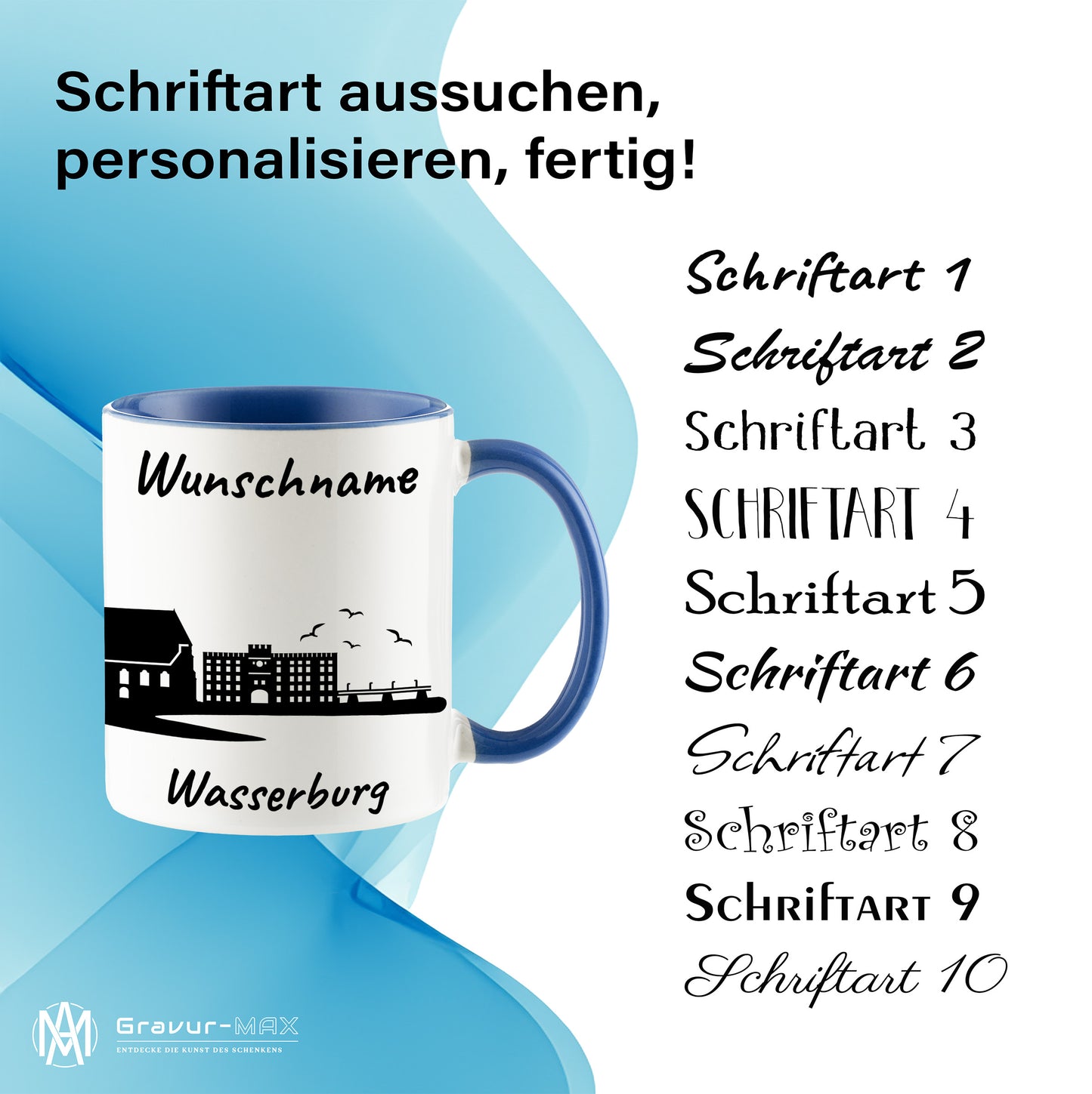 Tasse in Cambridge Blau 330ml bedruckt mit der Skyline von Wasserburg personalisierbar mit Wunschname