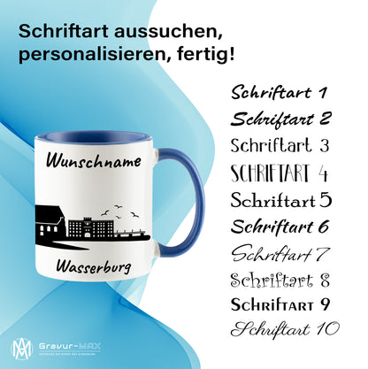 Tasse in Cambridge Blau 330ml bedruckt mit der Skyline von Wasserburg personalisierbar mit Wunschname