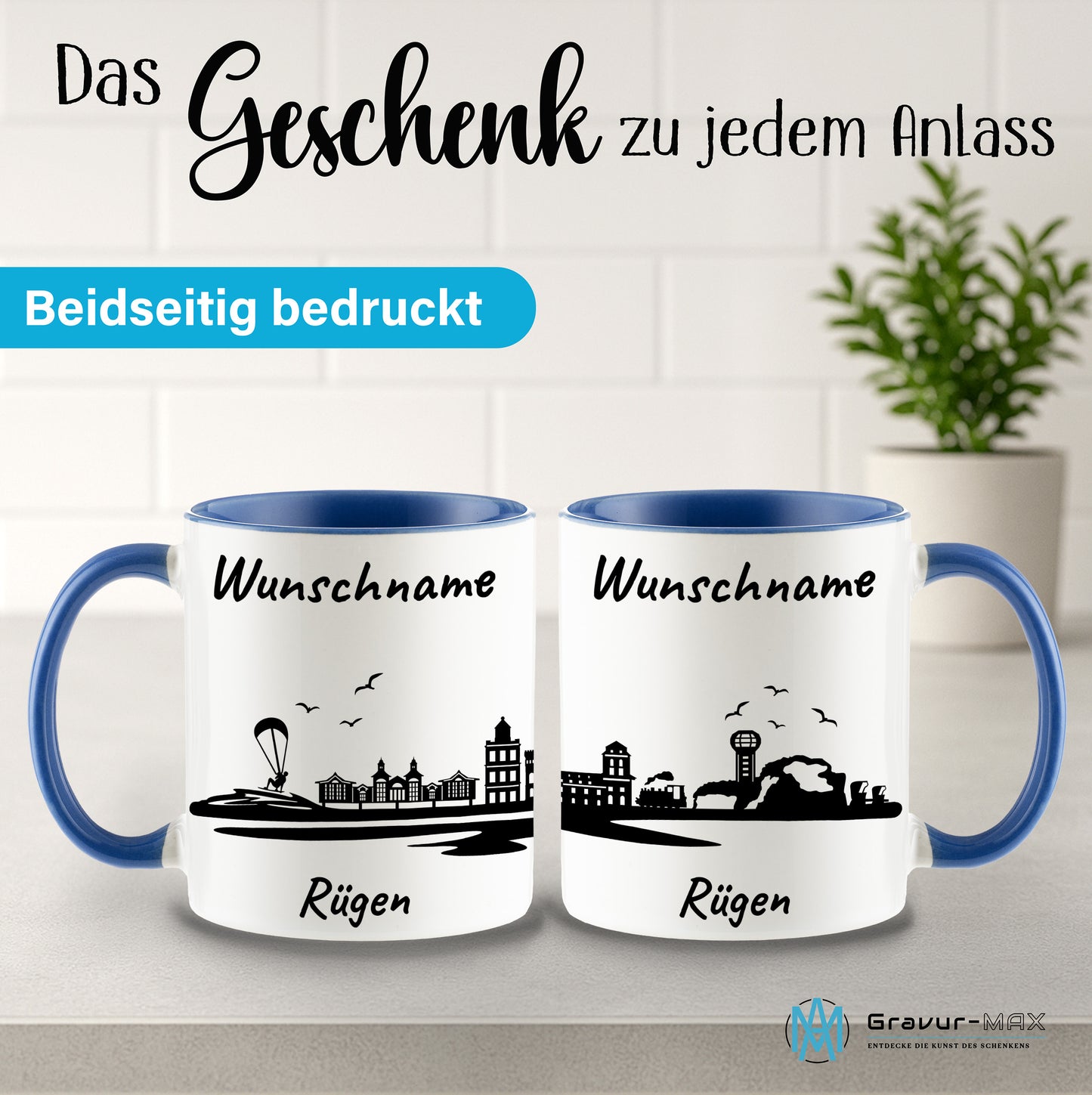 Tasse in Cambridge Blau 330ml bedruckt mit der Skyline von Rügen personalisierbar mit Wunschname