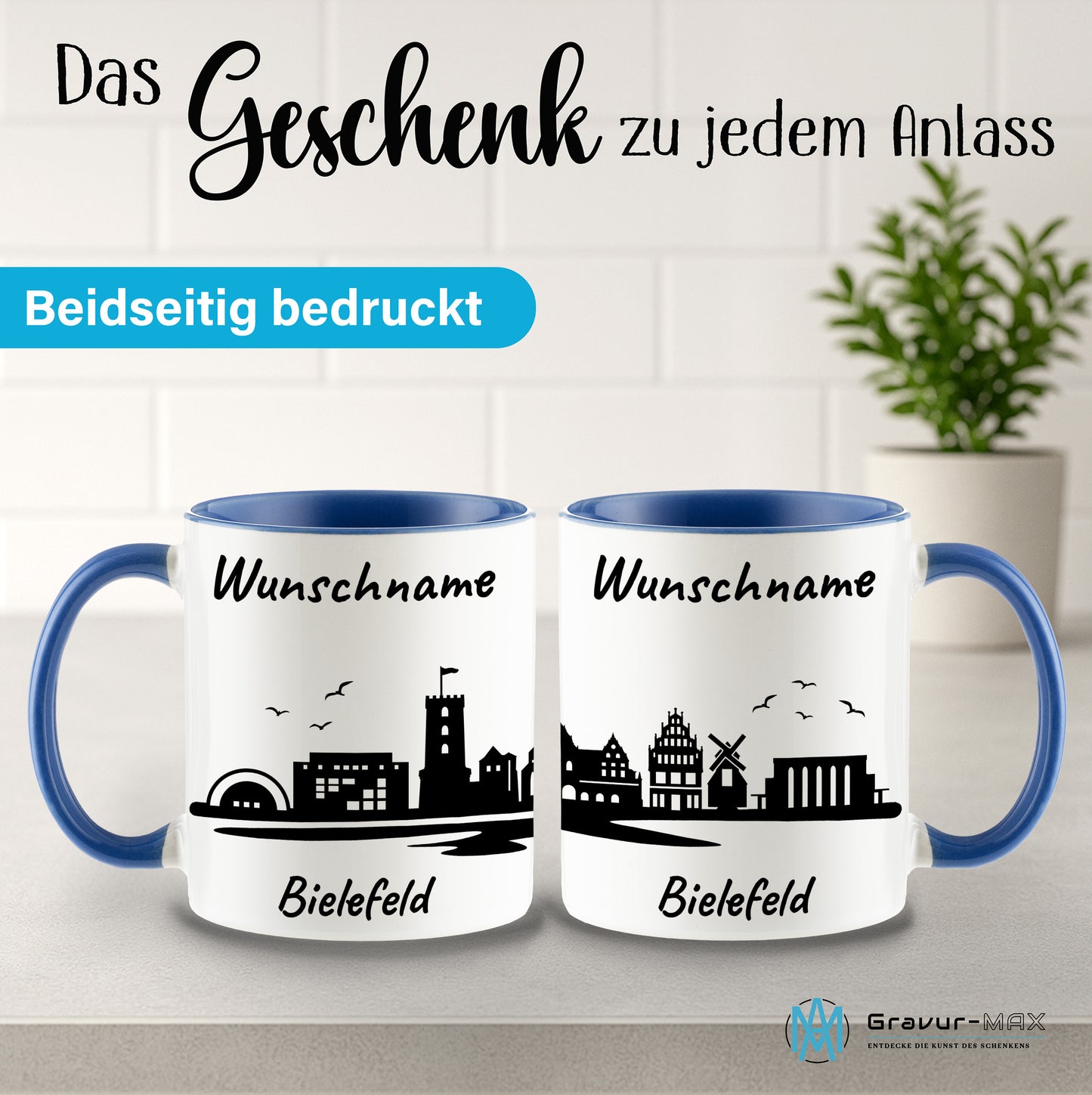 Tasse in Cambridge Blau 330ml bedruckt mit der Skyline von Bielefeld personalisierbar mit Wunschname