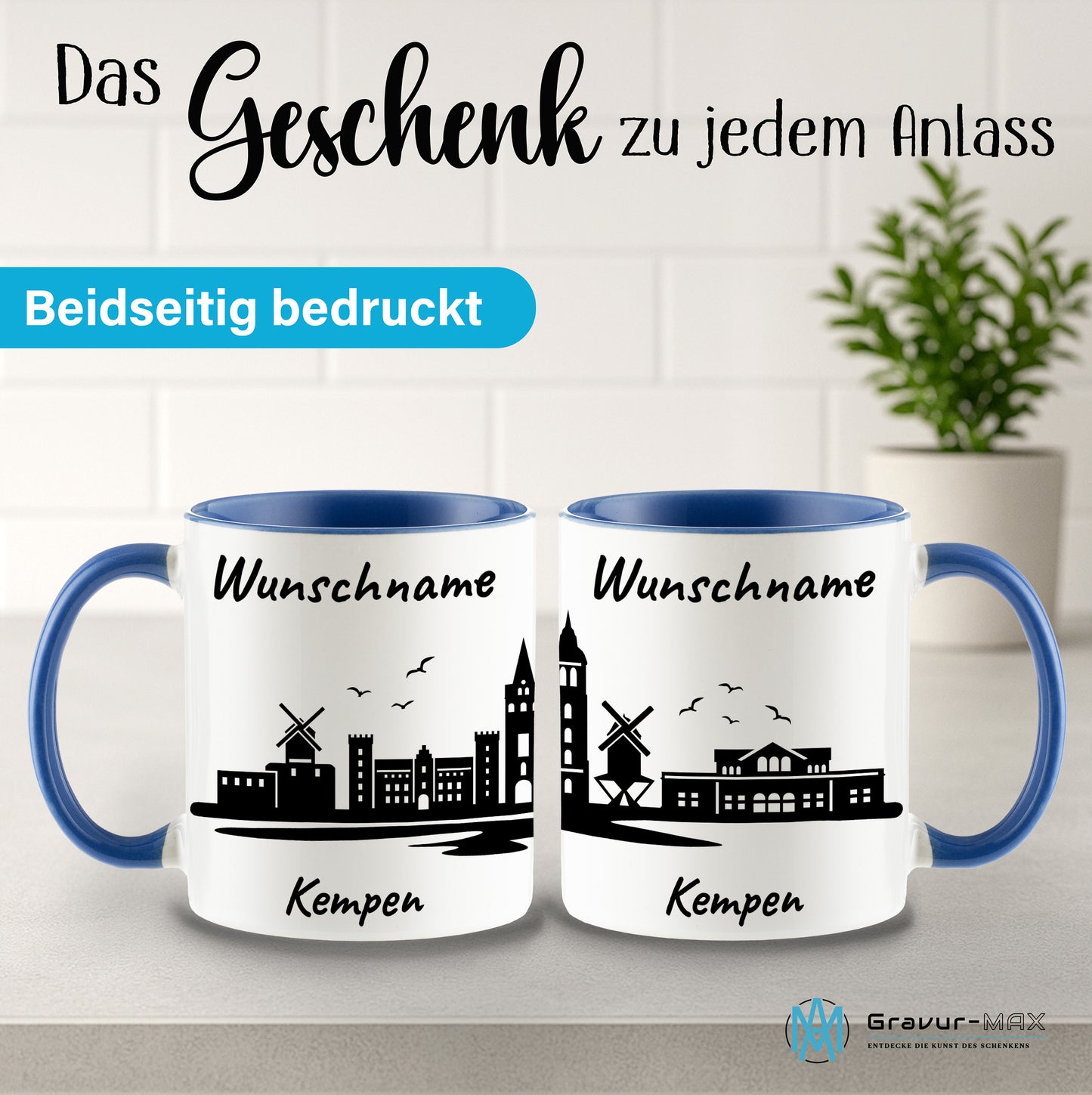 Tasse in Cambridge Blau 330ml bedruckt mit der Skyline von Kempen personalisierbar mit Wunschname