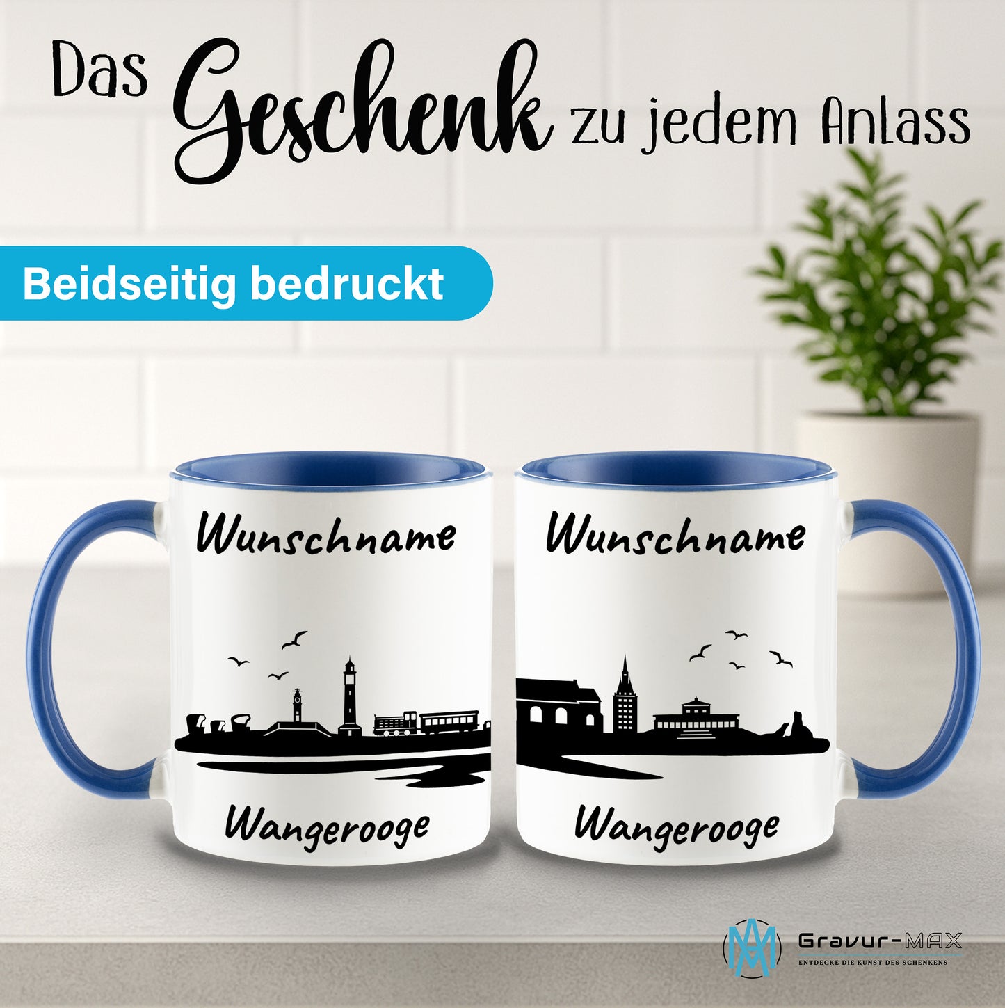 Tasse in Cambridge Blau 330ml bedruckt mit der Skyline von Wangerooge personalisierbar mit Wunschname