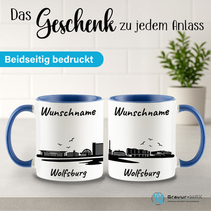 Tasse in Cambridge Blau 330ml bedruckt mit der Skyline von Wolfsburg personalisierbar mit Wunschname