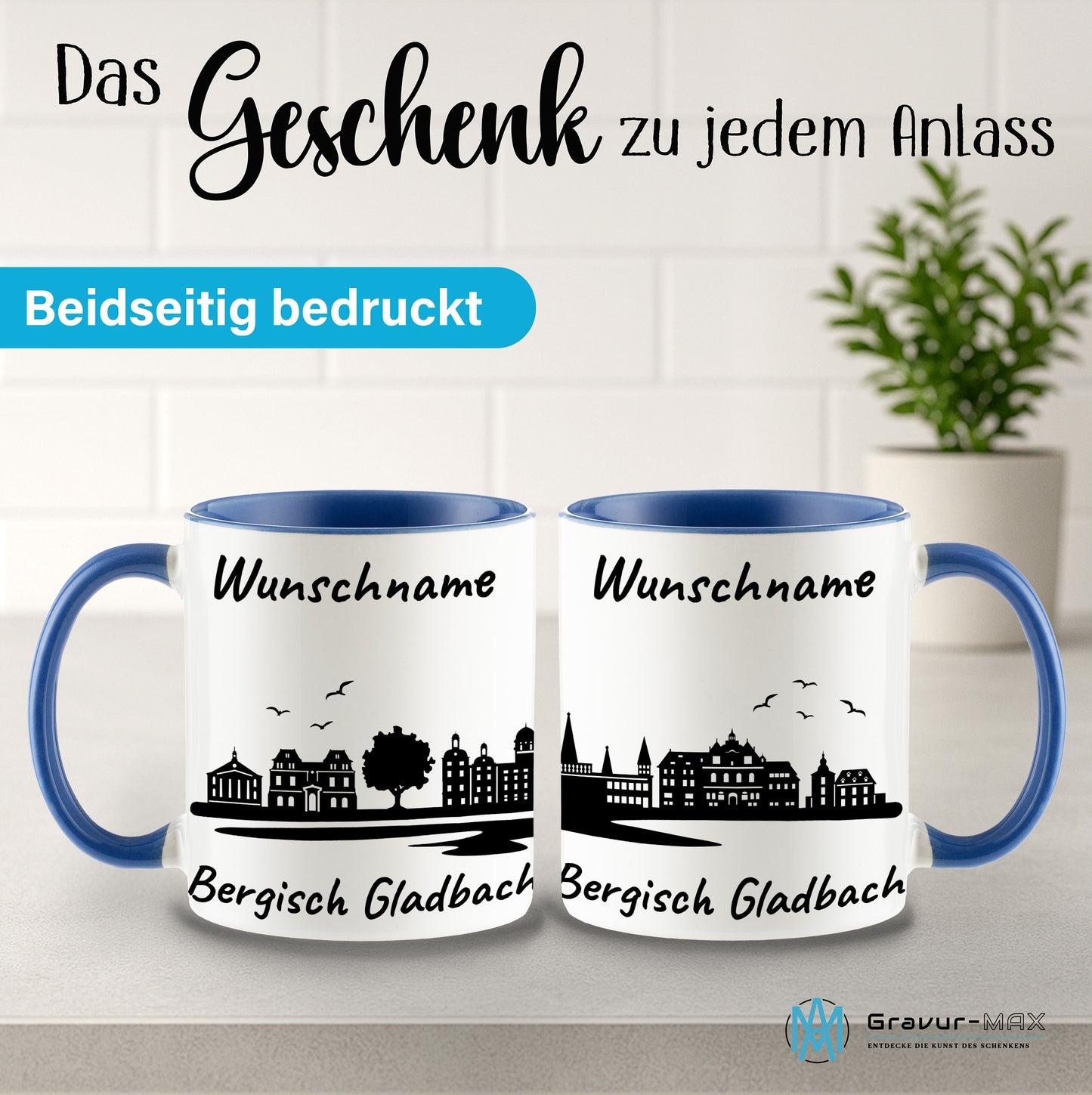 Tasse in Cambridge Blau 330ml bedruckt mit der Skyline von Bergisch Gladbach personalisierbar mit Wunschname