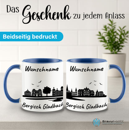 Tasse in Cambridge Blau 330ml bedruckt mit der Skyline von Bergisch Gladbach personalisierbar mit Wunschname