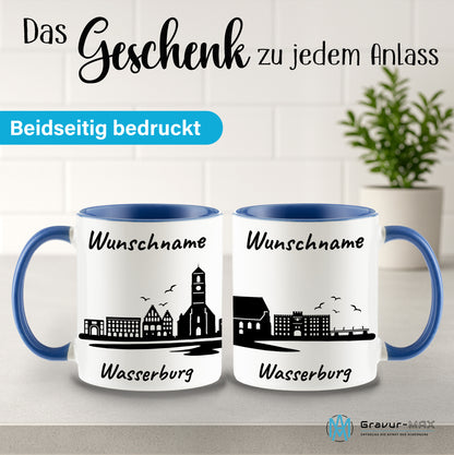 Tasse in Cambridge Blau 330ml bedruckt mit der Skyline von Wasserburg personalisierbar mit Wunschname