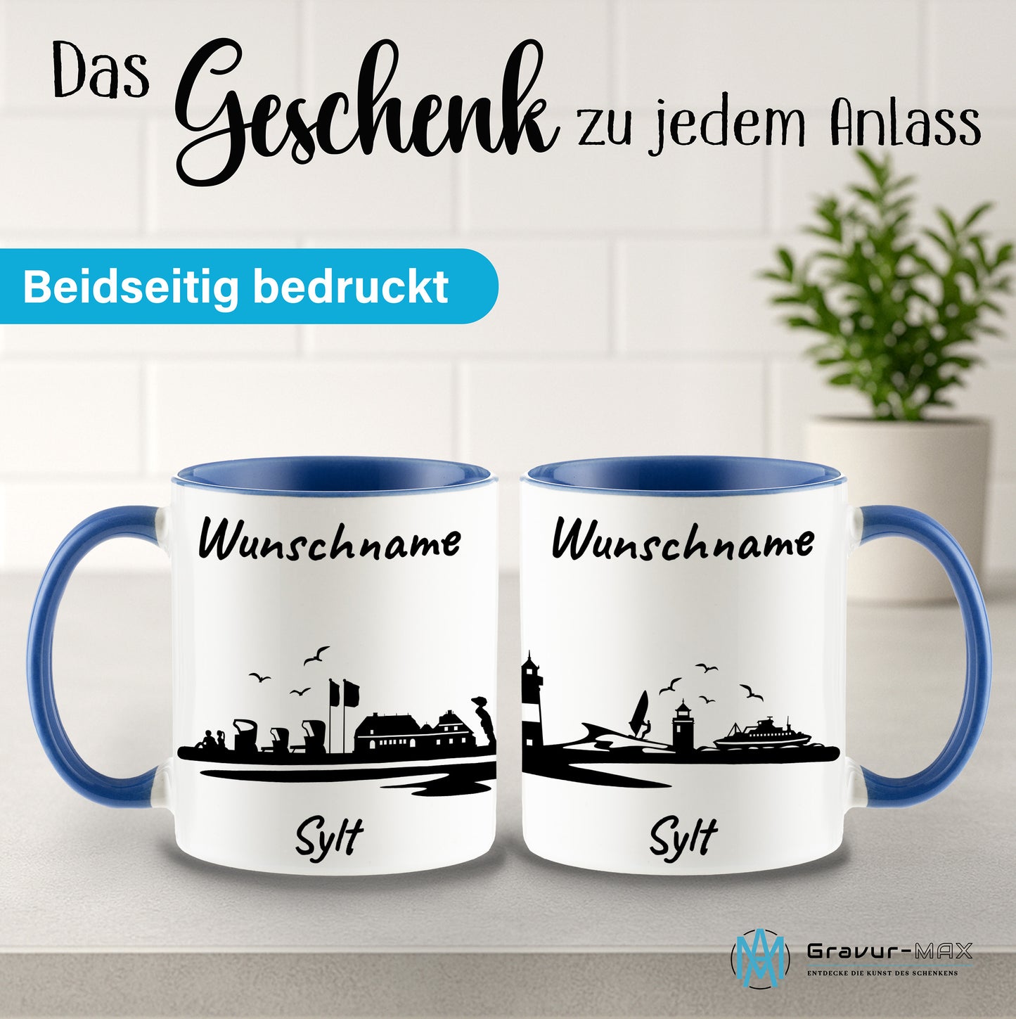 Tasse in Cambridge Blau 330ml bedruckt mit der Skyline von Sylt personalisierbar mit Wunschname