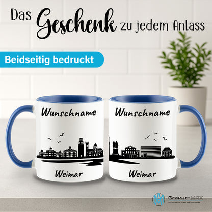 Tasse in Cambridge Blau 330ml bedruckt mit der Skyline von Weimar personalisierbar mit Wunschname