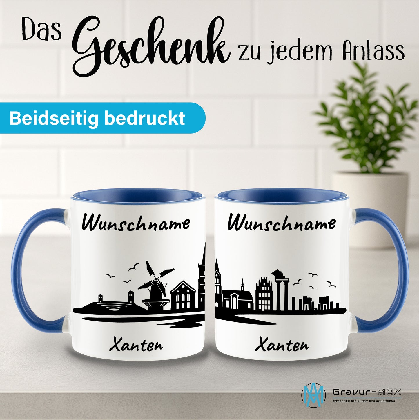 Tasse in Cambridge Blau 330ml bedruckt mit der Skyline von Xanten personalisierbar mit Wunschname