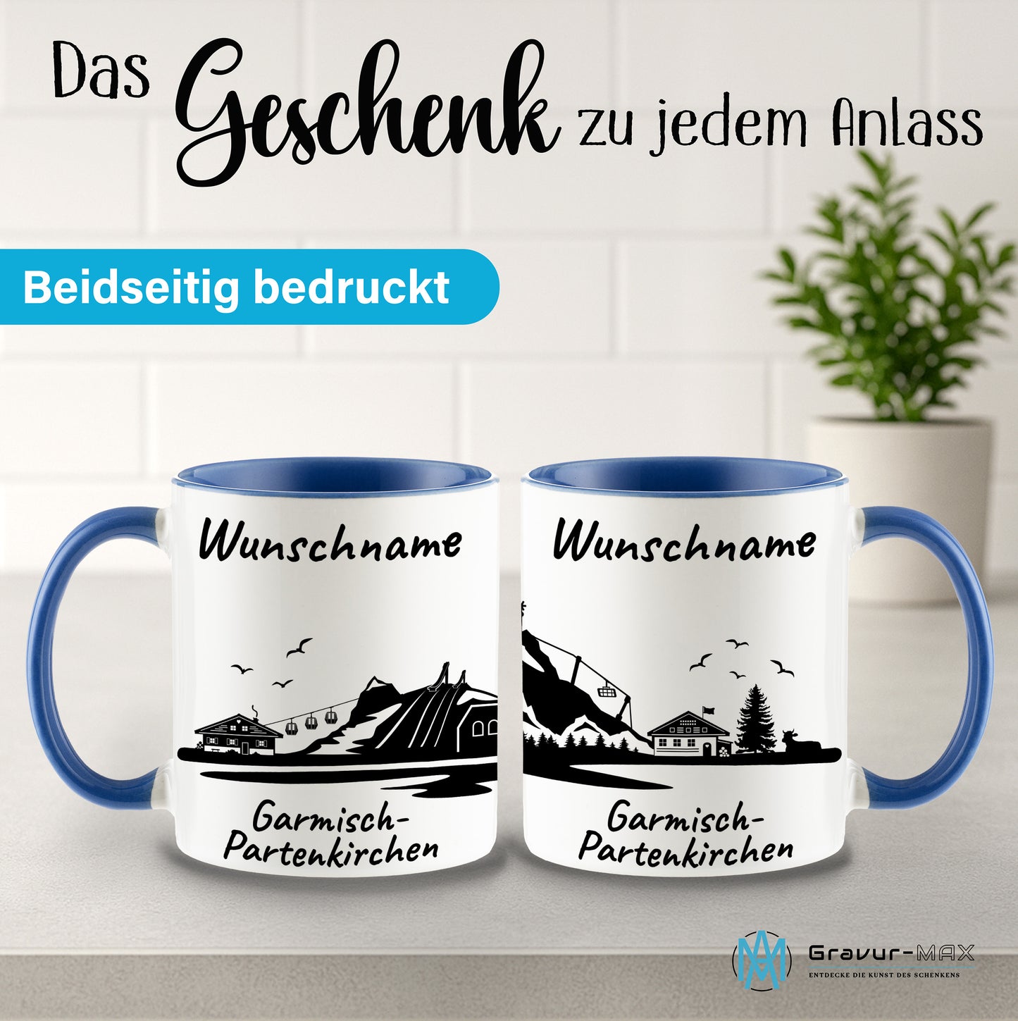 Tasse in Cambridge Blau 330ml bedruckt mit der Skyline von Garmisch-Partenkirchen personalisierbar mit Wunschname