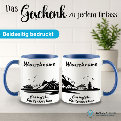 Tasse in Cambridge Blau 330ml bedruckt mit der Skyline von Garmisch-Partenkirchen personalisierbar mit Wunschname