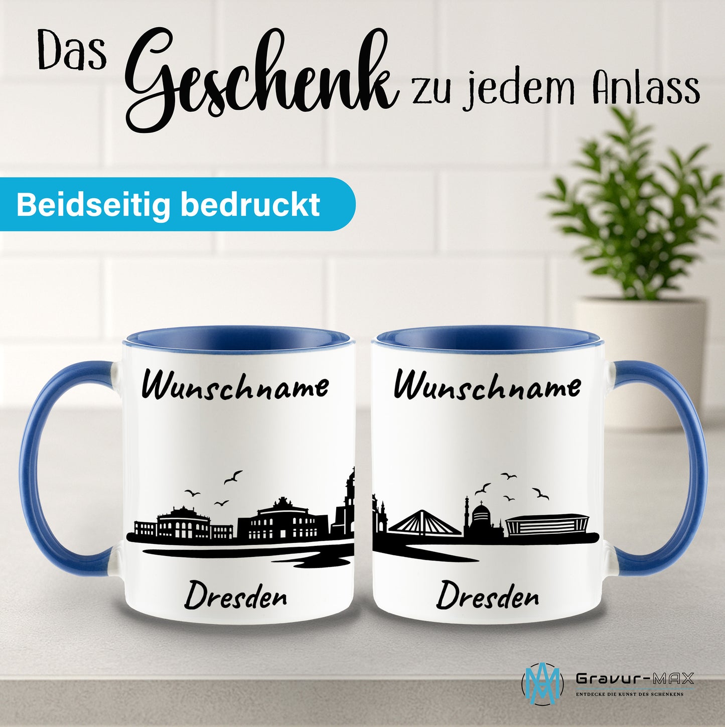 Tasse in Cambridge Blau 330ml bedruckt mit der Skyline von Dresden personalisierbar mit Wunschname