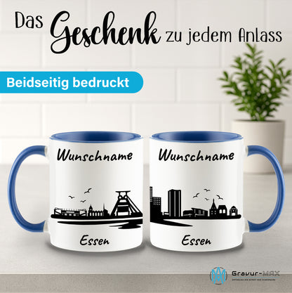 Tasse in Cambridge Blau 330ml bedruckt mit der Skyline von Essen personalisierbar mit Wunschname