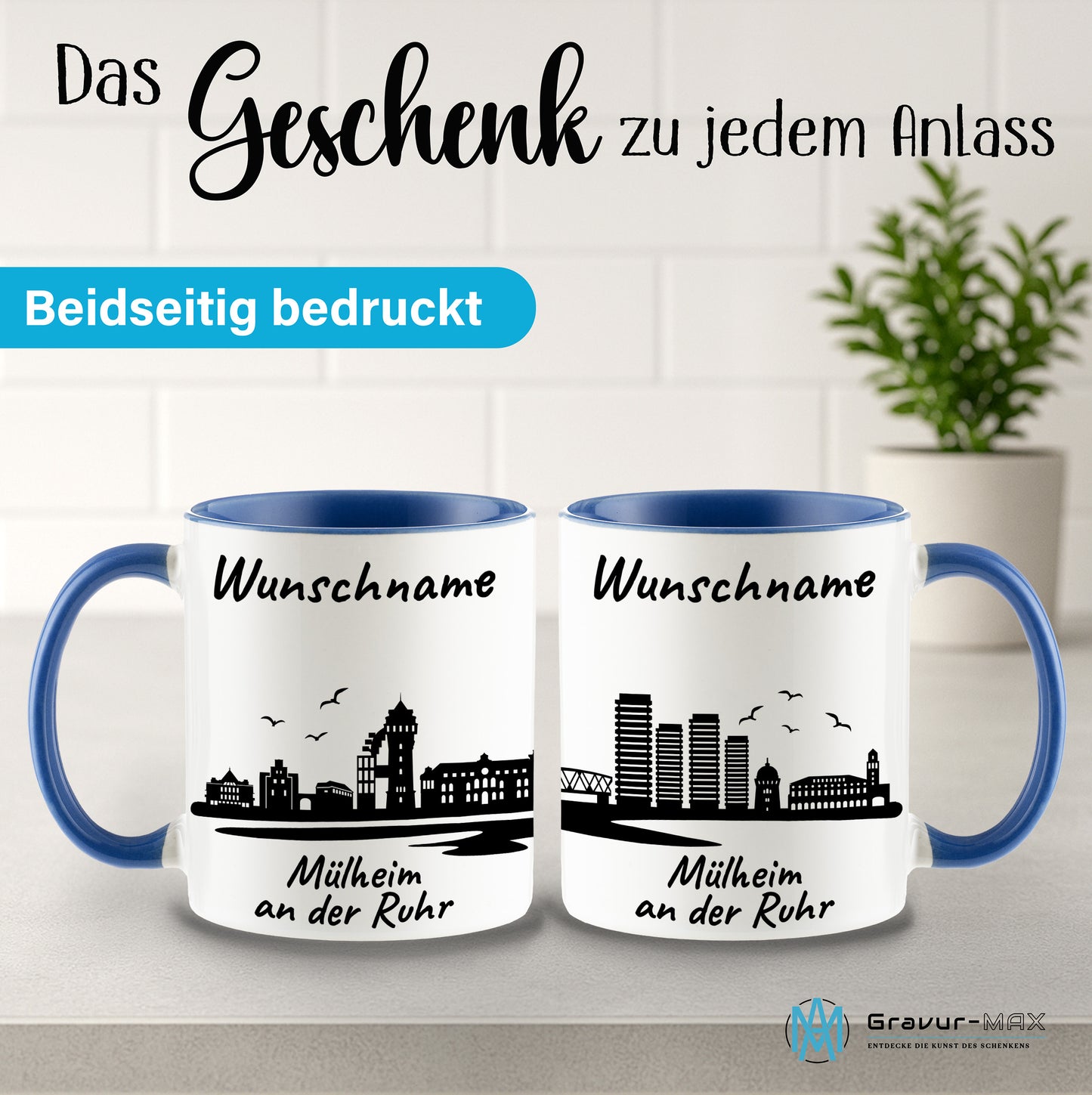 Tasse in Cambridge Blau 330ml bedruckt mit der Skyline von Mülheim an der Ruhr personalisierbar mit Wunschname