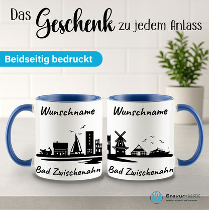 Tasse in Cambridge Blau 330ml bedruckt mit der Skyline von Bad Zwischenahn personalisierbar mit Wunschname