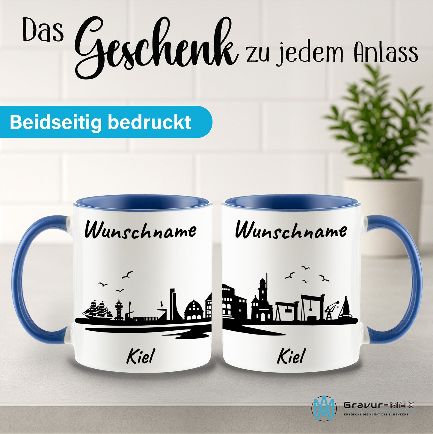 Tasse in Cambridge Blau 330ml bedruckt mit der Skyline von Kiel personalisierbar mit Wunschname