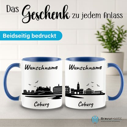 Tasse in Cambridge Blau 330ml bedruckt mit der Skyline von Coburg personalisierbar mit Wunschname