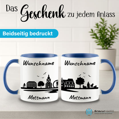 Tasse in Cambridge Blau 330ml bedruckt mit der Skyline von Mettmann personalisierbar mit Wunschname