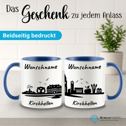 Tasse in Cambridge Blau 330ml bedruckt mit der Skyline von Kirchhellen personalisierbar mit Wunschname