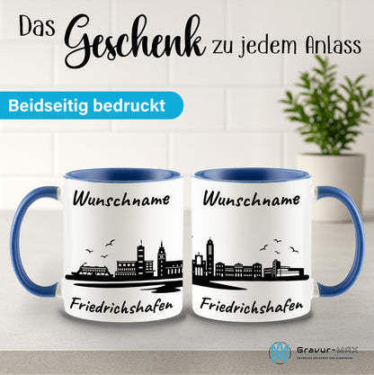 Tasse in Cambridge Blau 330ml bedruckt mit der Skyline von Friedrichshafen personalisierbar mit Wunschname