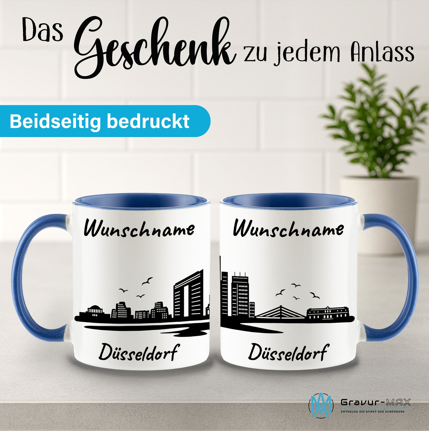 Tasse in Cambridge Blau 330ml bedruckt mit der Skyline von Düsseldorf personalisierbar mit Wunschname
