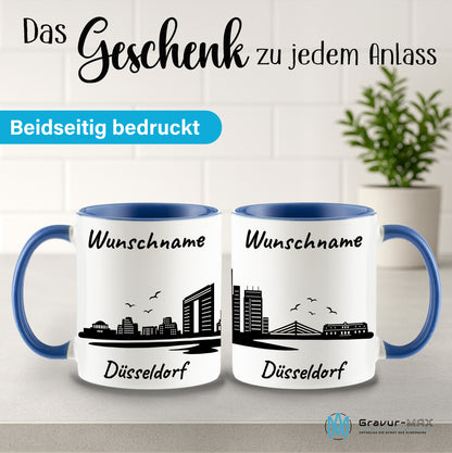 Tasse in Cambridge Blau 330ml bedruckt mit der Skyline von Düsseldorf personalisierbar mit Wunschname