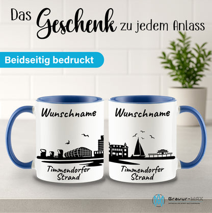 Tasse in Cambridge Blau 330ml bedruckt mit der Skyline von Timmendorfer Strand personalisierbar mit Wunschname