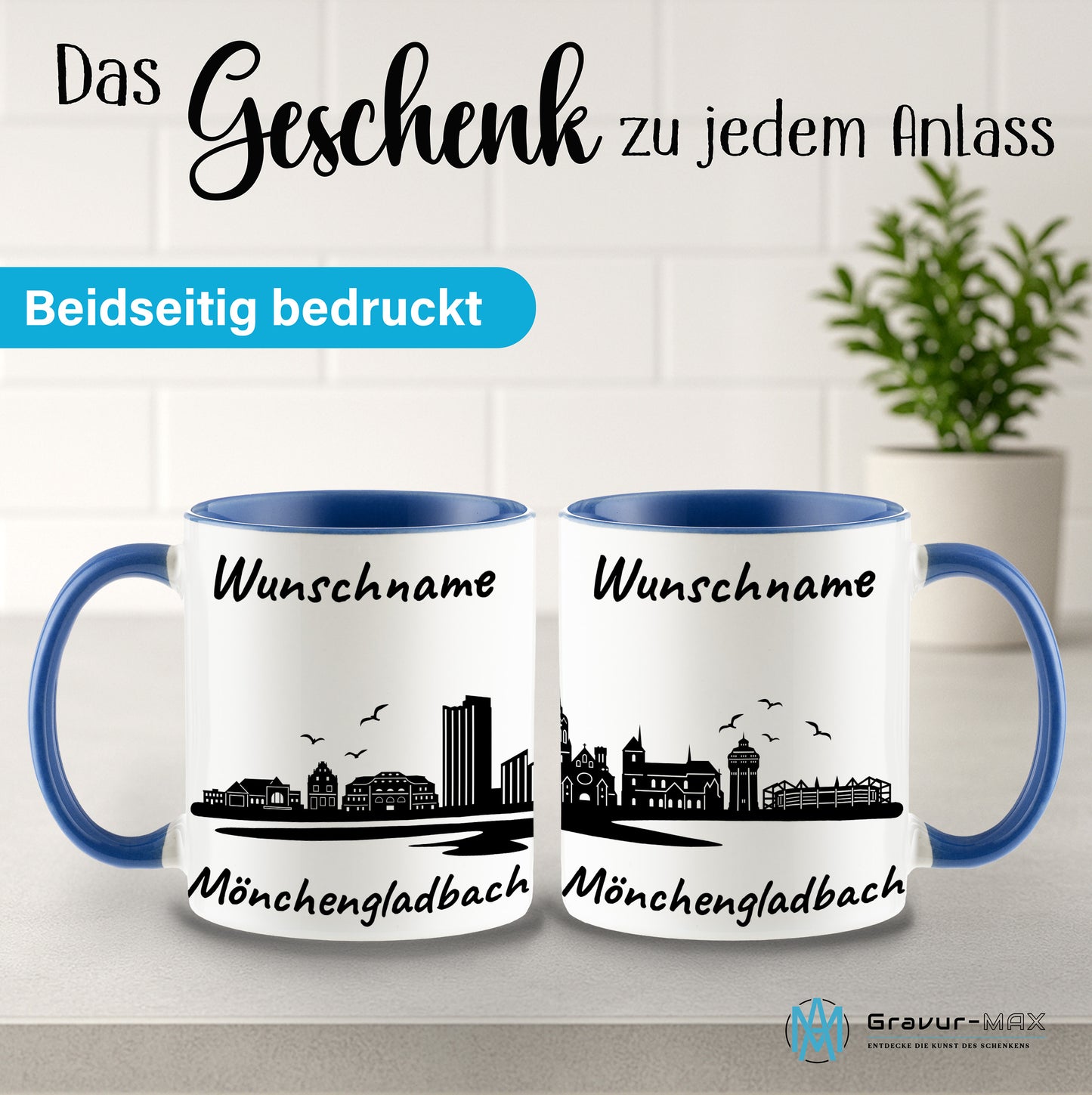 Tasse in Cambridge Blau 330ml bedruckt mit der Skyline von Mönchengladbach personalisierbar mit Wunschname