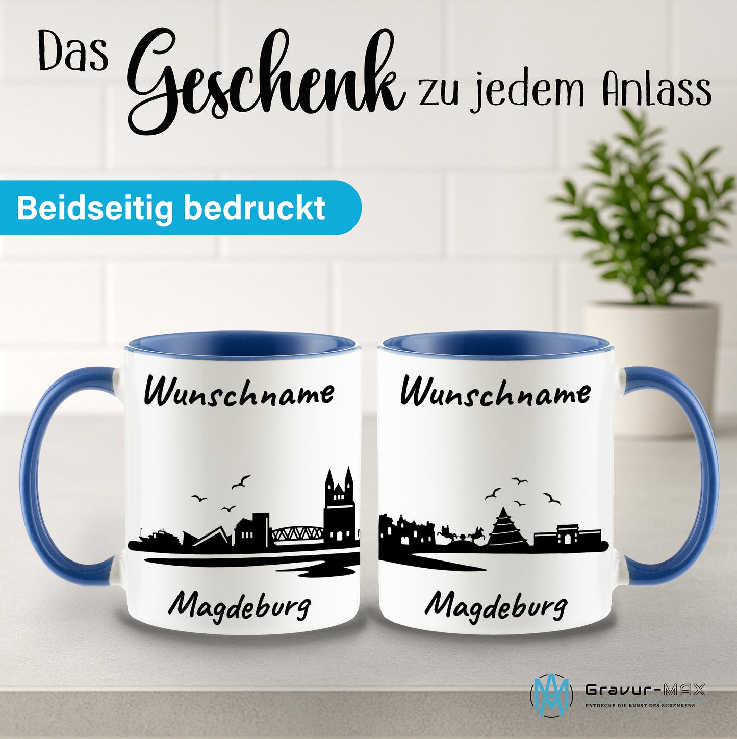 Tasse in Cambridge Blau 330ml bedruckt mit der Skyline von Magdeburg personalisierbar mit Wunschname