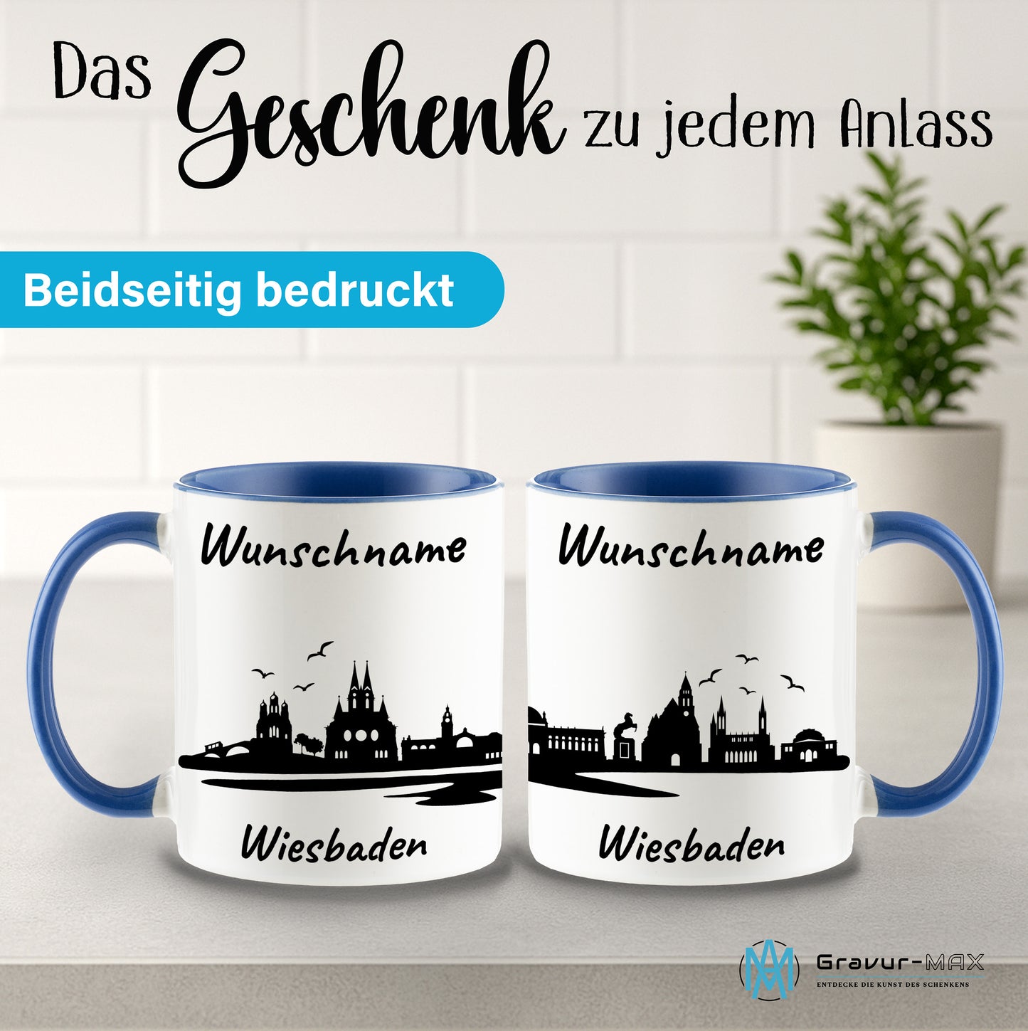 Tasse in Cambridge Blau 330ml bedruckt mit der Skyline von Wiesbaden personalisierbar mit Wunschname