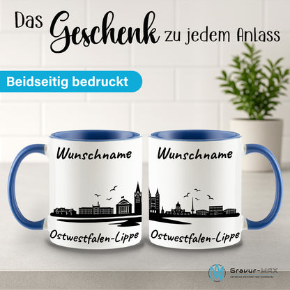 Tasse in Cambridge Blau 330ml bedruckt mit der Skyline von Ostwestfalen-Lippe personalisierbar mit Wunschname