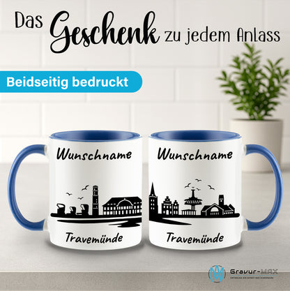 Tasse in Cambridge Blau 330ml bedruckt mit der Skyline von Travemünde personalisierbar mit Wunschname