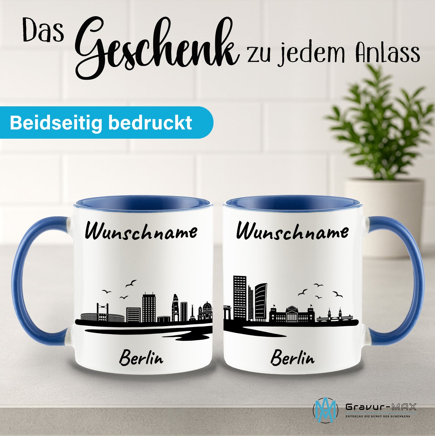 Tasse in Cambridge Blau 330ml bedruckt mit der Skyline von Berlin personalisierbar mit Wunschname