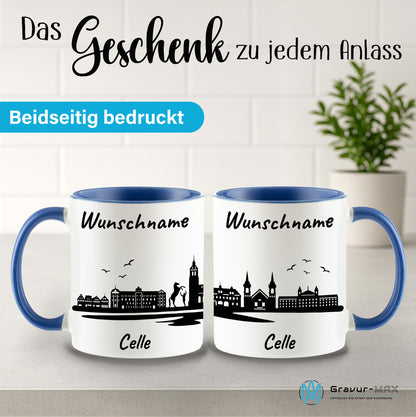 Tasse in Cambridge Blau 330ml bedruckt mit der Skyline von Celle personalisierbar mit Wunschname