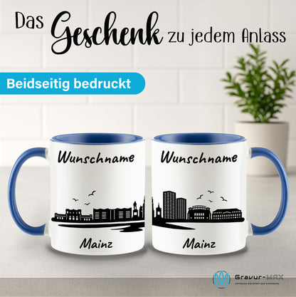 Tasse in Cambridge Blau 330ml bedruckt mit der Skyline von Mainz personalisierbar mit Wunschname