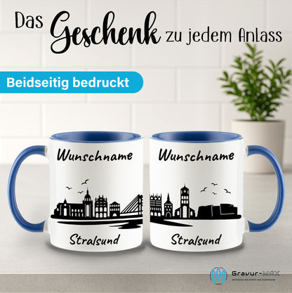 Tasse in Cambridge Blau 330ml bedruckt mit der Skyline von Stralsund personalisierbar mit Wunschname