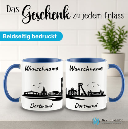 Tasse in Cambridge Blau 330ml bedruckt mit der Skyline von Dortmund personalisierbar mit Wunschname